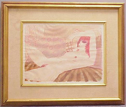 WATERCOLOR, CHARLES LEVIER: WATERCOLOR, RECLINING NUDE, SIGNED LEVIER, (CHARLES, 1920- FRENCH). 12 X 16 1/2"