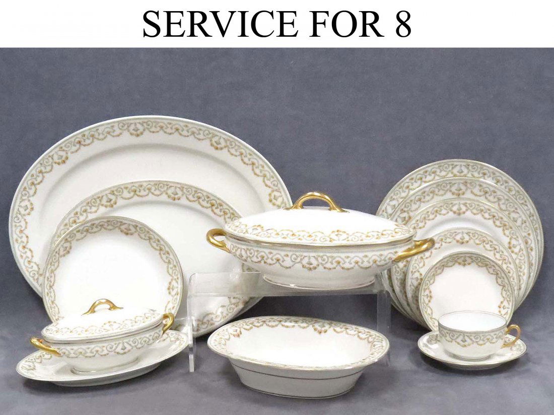 SERVICE FOR (8) LIMOGES DECORATED DINNERWARE: SERVICE FOR (8) LIMOGES DECORATED DINNERWARE WITH EXTRAS, INCLUDING (11) 9 1/2" DINNER PLATES; (12) 8 3/4" LUNCHEON PLATES; (10) 6 1/4" BREAD AND BUTTER PLATES; (12) 7 1/2" SALAD PLATES; (12) 7 1/2" S
