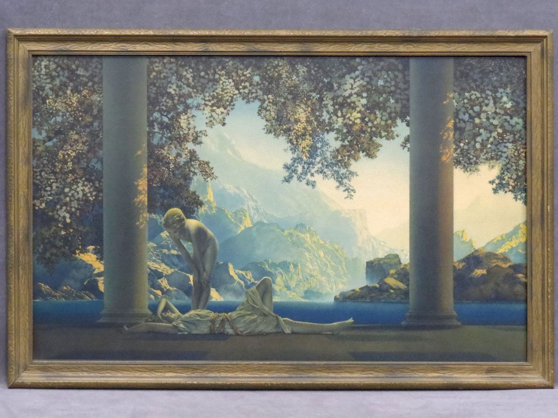 MAXFIELD PARRISH PRINT, "DAY BREAK", HOUSE OF ART: MAXFIELD PARRISH PRINT, "DAY BREAK", HOUSE OF ART. FRAMED AND GLAZED-21 X 33"