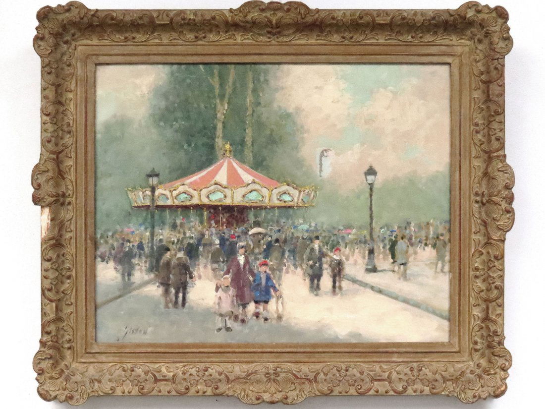 ANDRE GISSON (FRENCH/AMERICAN 1921-2003), OIL: ANDRE GISSON (FRENCH/AMERICAN 1921-2003), OIL ON CANVAS, CHAMPS ELYSEES CAROUSEL, SIGNED INVENTORY #. 16 1/2 X 20"; FRAMED 22 X 25 1/2" (IMPERFECTION)