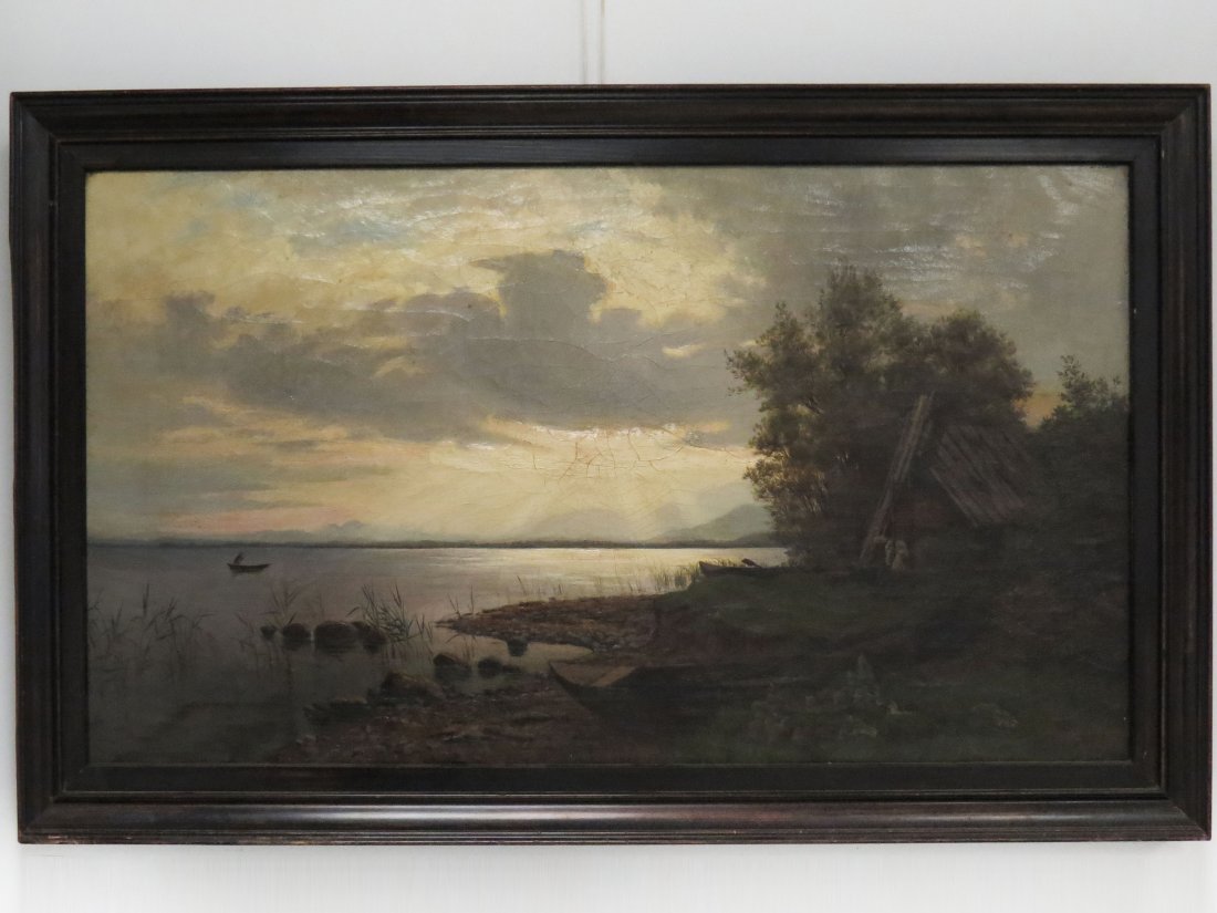 GERMAN SCHOOL (19TH CENTURY), OIL ON CANVAS: GERMAN SCHOOL (19TH CENTURY), OIL ON CANVAS, CABIN BY LAKE, SIGNED ILLEGIBLY. FRAMED 23 X 38"