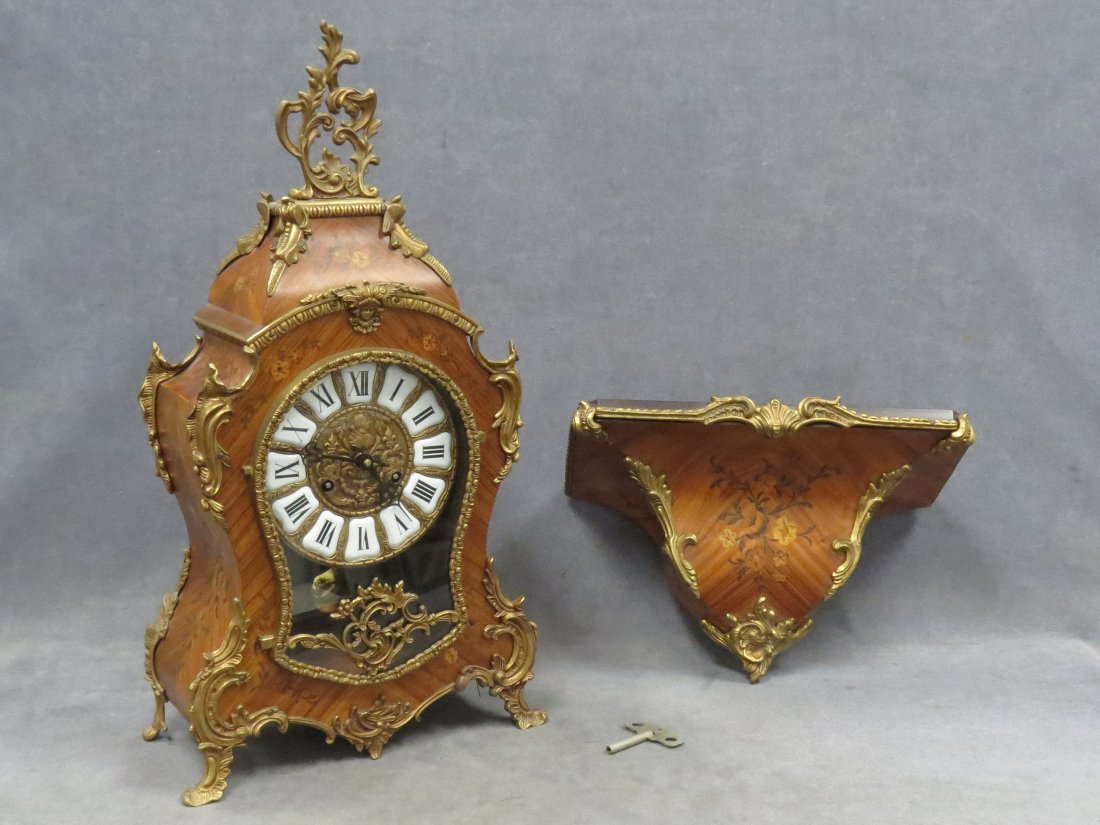 FRENCH INLAID KINGWOOD BRACKET CLOCK: FRENCH INLAID KINGWOOD BRACKET CLOCK WITH MATCHING ORMOLU MOUNTED SHELF. OVERALL/HEIGHT 31"