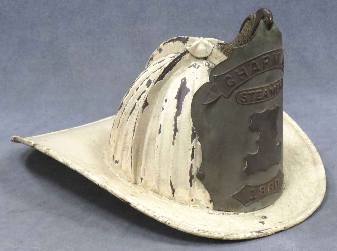 VINTAGE LEATHER FIREMEN'S HIGH EAGLE PARADE HELMET: VINTAGE LEATHER FIREMEN'S HIGH EAGLE PARADE HELMET, "CHAPMAN STEAMER #1 1860" (NEWBURG, N.Y.)