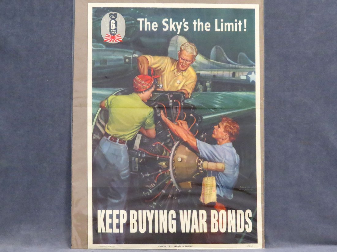 WWII LITHOGRAPH POSTER, "THE SKY'S THE LIMIT": WWII LITHOGRAPH POSTER, "THE SKY'S THE LIMIT", COURTNEY ALLEN 1944. 27 X 20"