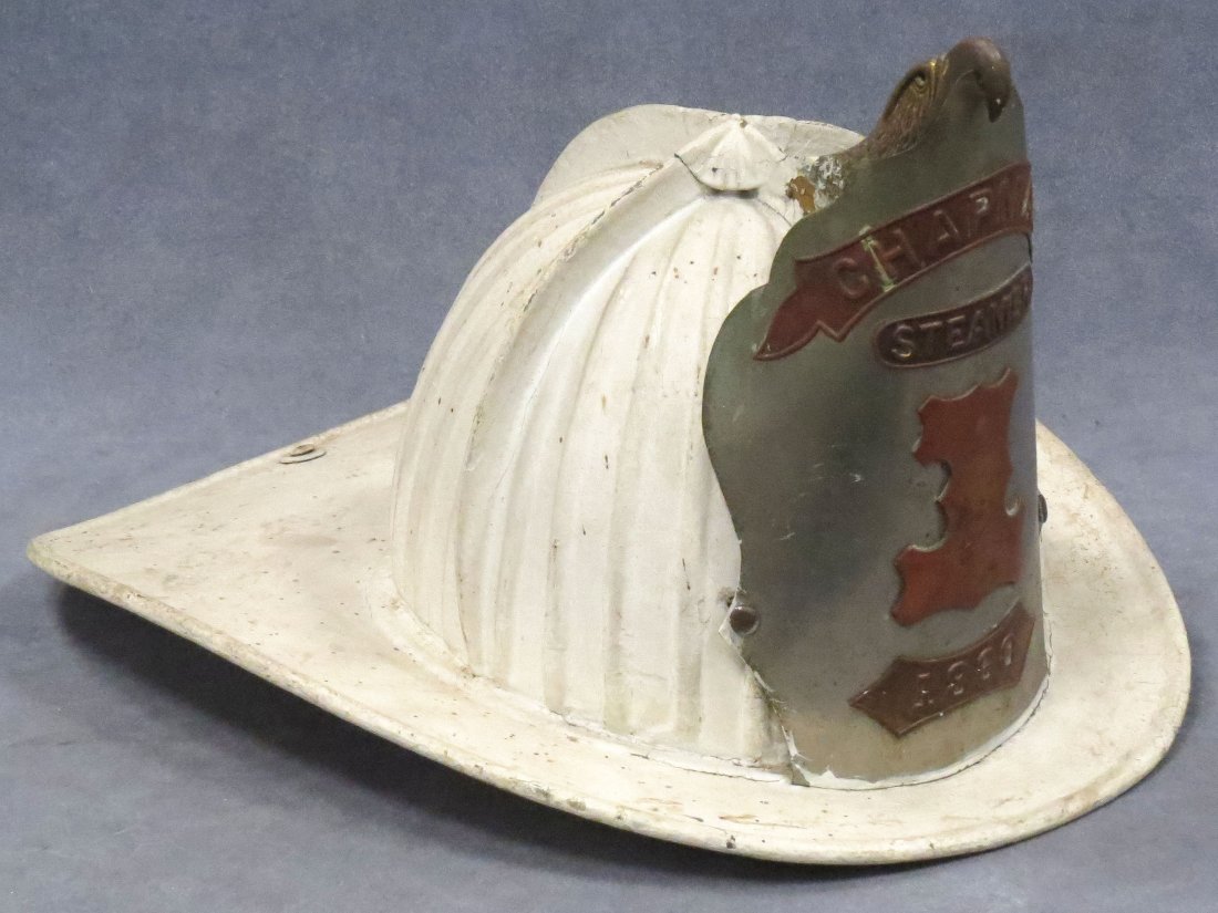 VINTAGE LEATHER HIGH EAGLE FIREMAN'S HELMET: VINTAGE LEATHER HIGH EAGLE FIREMAN'S HELMET "CHAPMAN STEAMER #1, 1860" (NEWBURG, NY)