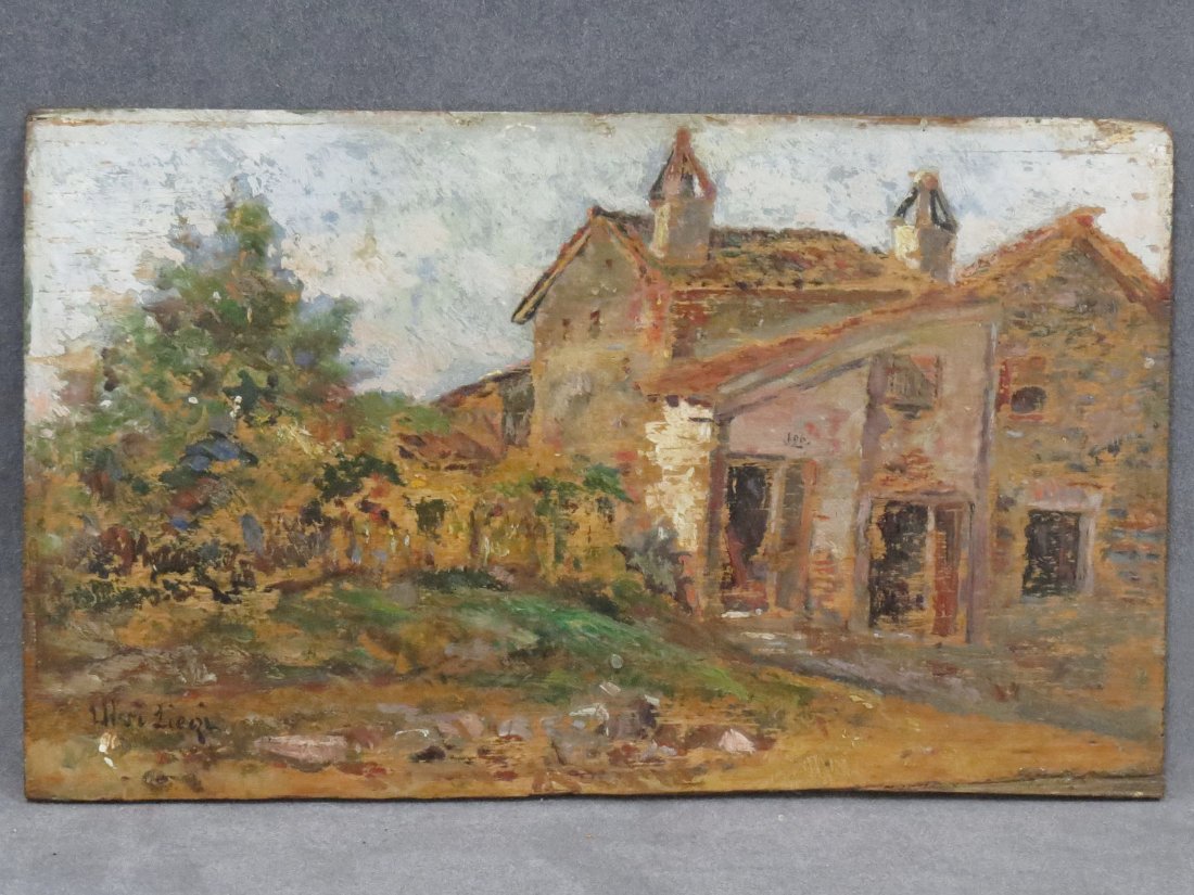 ATTRIBUTED TO LUIGI LEVI (ITALIAN 1858-1939), OIL: ATTRIBUTED TO LUIGI LEVI (ITALIAN 1858-1939), OIL ON WOOD PANEL, STONE FARMHOUSE, SIGNED "ULVI LIEGI". 6 3/4 X 11" (PAINT LOSSES)
