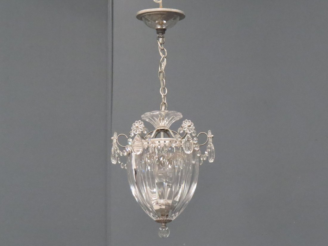 REGENCY STYLE SCHONBEK HANGING LIGHT FIXTURE: REGENCY STYLE SCHONBEK SILVERED METAL AND CRYSTAL HANGING LIGHT FIXTURE. HEIGHT 24"