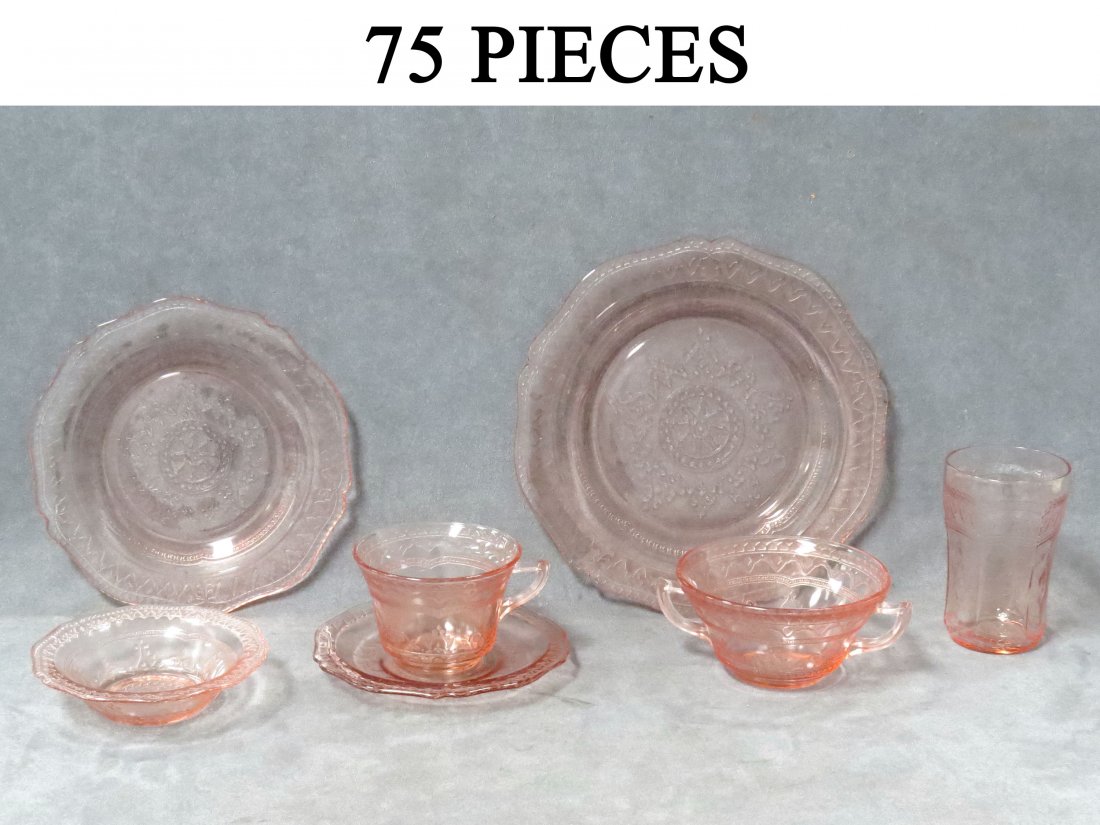 PARTIAL FEDERAL PATRICIAN SPOKE PINK DEPRESSION: PARTIAL FEDERAL PATRICIAN SPOKE PINK DEPRESSION GLASS DINNER SERVICE; INCLUDING (5) LUNCHEON PLATE, (15) SALAD/ DESSERT PLATES, (15) SAUCERS, (10) BERRIES, (13) BOUILLONS, (7) CUPS, (10) TUMBLERS