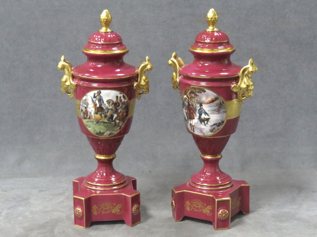 PAIR VICTORIA PORCELAIN NAPOLEONIC GARNITURES: PAIR VICTORIA DECORATED PORCELAIN NAPOLEONIC GARNITURES. HEIGHT 14"
