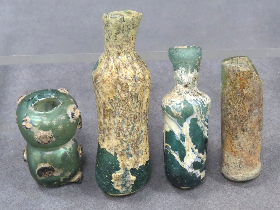 LOT (4) ASSORTED ISLAMIC GLASS, 300-500AD: LOT (4) ASSORTED ISLAMIC GLASS, 300-500AD. LARGEST/HEIGHT 3 1/2"