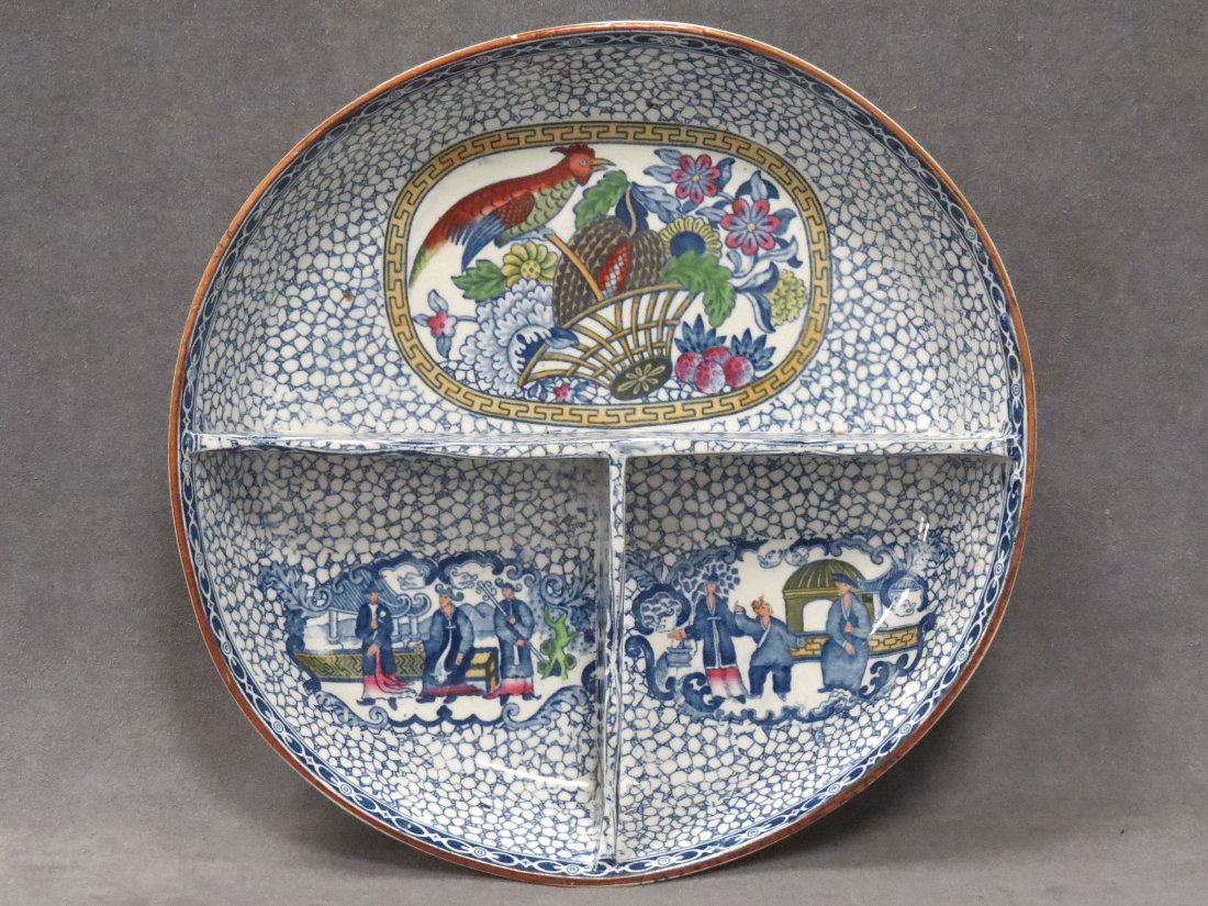 ENGLISH ADAMS WARE "CHINESE" SEGMENTED BOWL: ENGLISH ADAMS WARE "CHINESE" DECORATED SEGMENTED BOWL. DIAMETER 12 1/2"