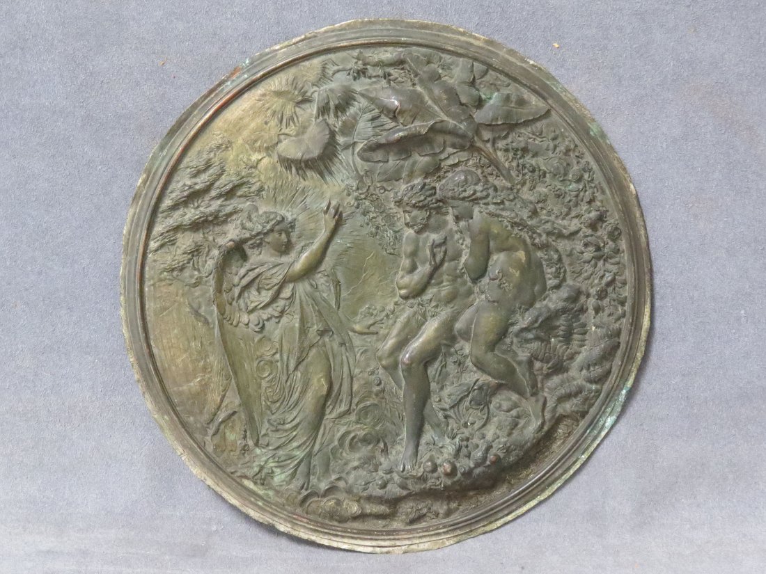 FRENCH SCHOOL (19/20TH CENTURY), LEAD ROUNDEL: FRENCH SCHOOL (19/20TH CENTURY), CAST PATINATED LEAD ROUNDEL, ADAM AND EVE. DIAMETER 10 1/4"