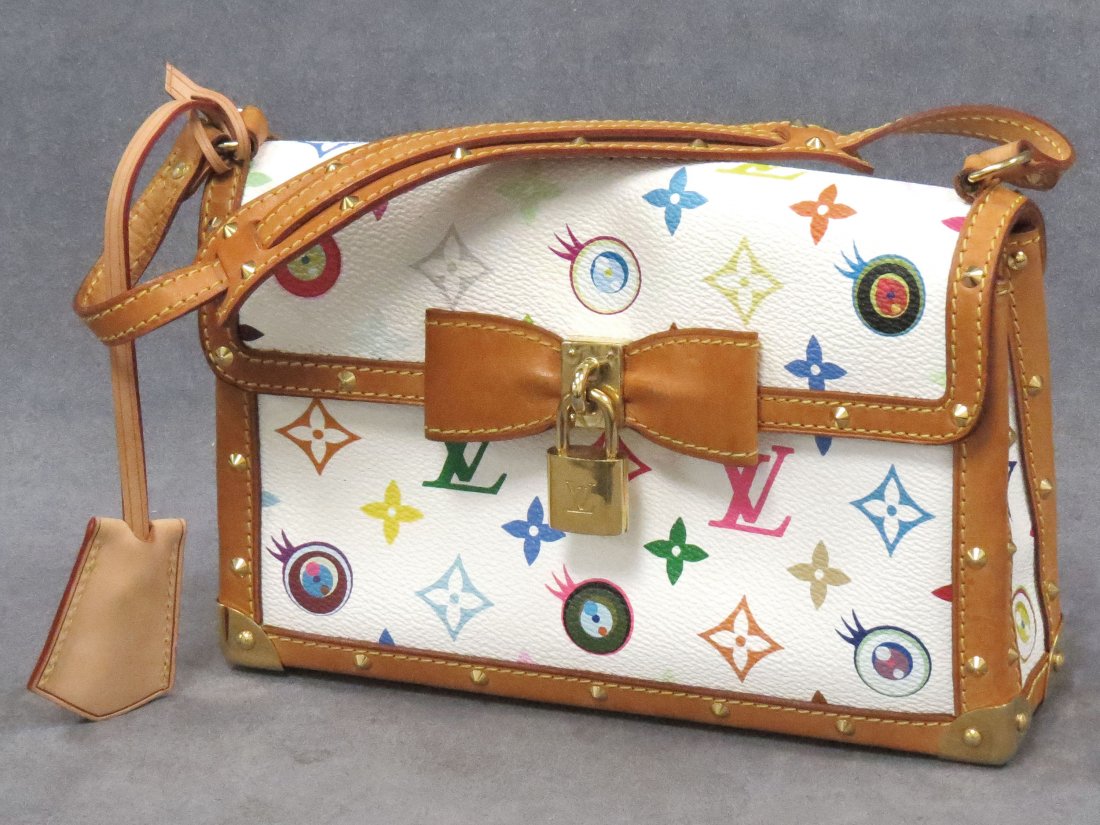 LOUIS VUITTON WHITE MULTI-COLORED MURAKAMI: LOUIS VUITTON WHITE MULTI-COLORED MURAKAMI "EYE MISS YOU" POCHETTE BAG, DATE #TH0023, LIMITED EDITION #0248 (INK AND SPOT STAINS INSIDE FLAP)