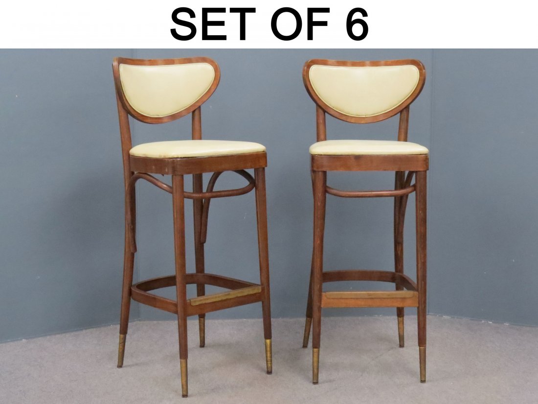 SET (6) THONET STYLE HARDWOOD BAR STOOLS: SET (6) THONET STYLE HARDWOOD AND BRASS MOUNTED BAR STOOLS