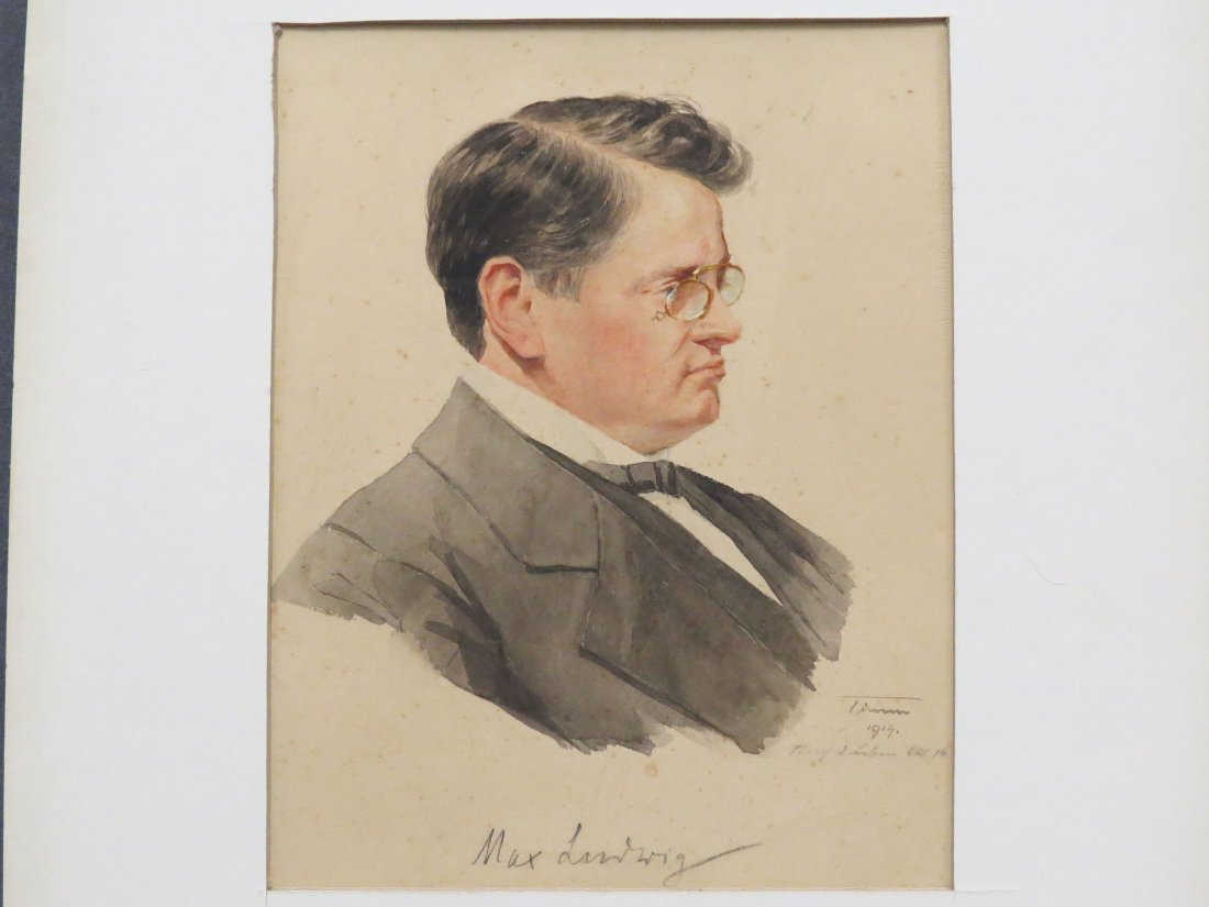 GERMAN SCHOOL (20TH CENTURY), INK AND WATERCOLOR: GERMAN SCHOOL (20TH CENTURY), INK AND WATERCOLOR, PORTRAIT OF MAX LUDWIG (CONCERT PIANIST), SIGNED ILLEGIBLY 1914. 13 1/4 X 9 1/2"
