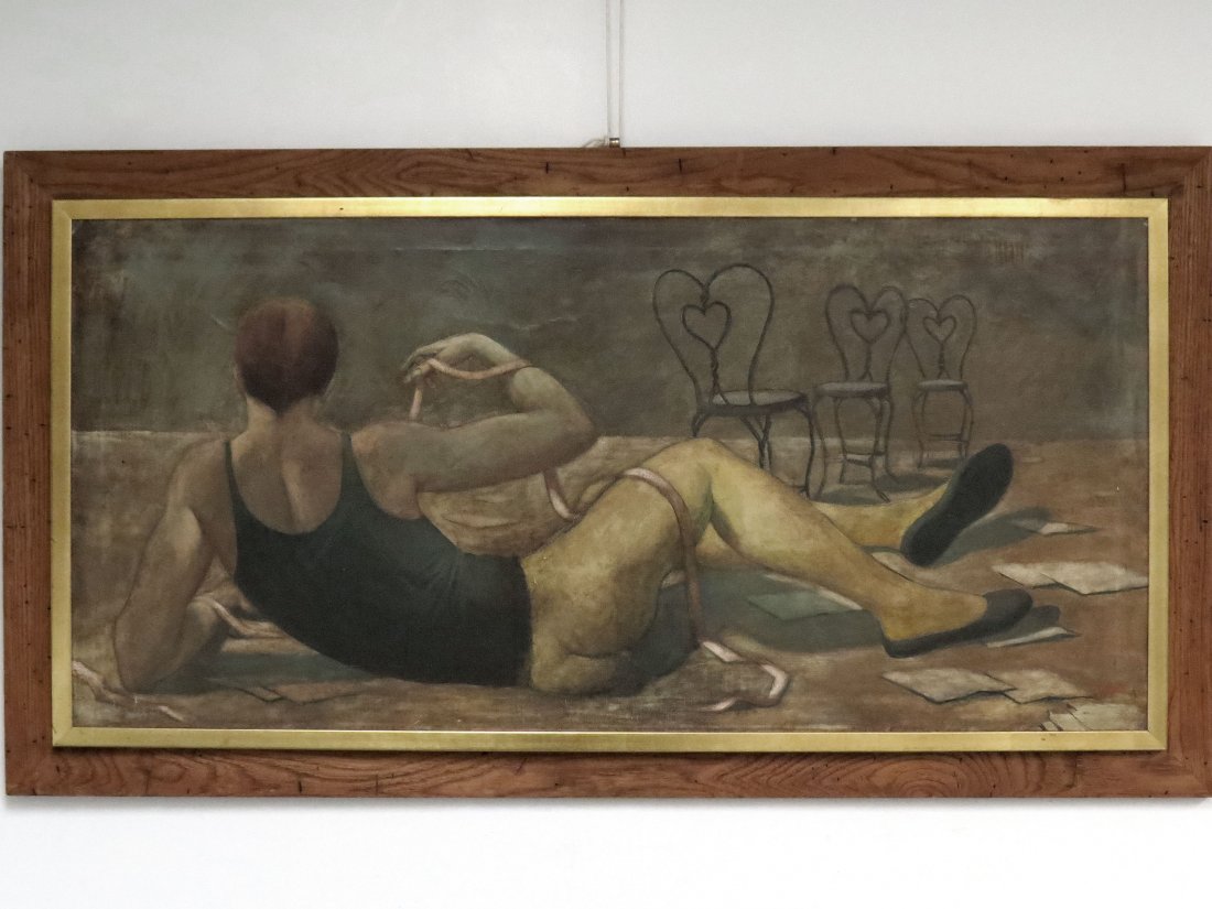 ROB CHILDERS (AMERICAN 20TH CENTURY), OIL: ROB CHILDERS (AMERICAN 20TH CENTURY), OIL ON CANVAS, TRAPEZE ARTIST, SIGNED. 24 X 50"; FRAMED 30 X 56"