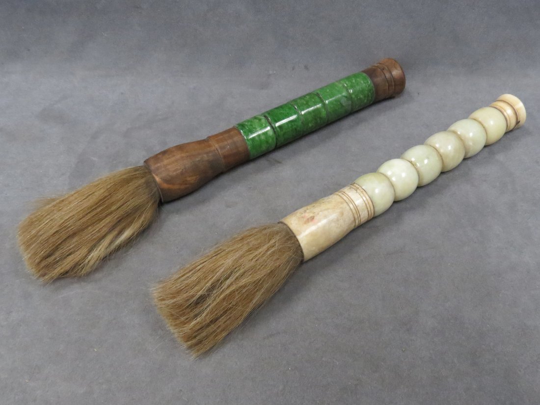 LOT (2) CHINESE CALLIGRAPHY BRUSHES: LOT (2) CHINESE JADE AND HARDSTONE MOUNTED CALLIGRAPHY BRUSHES. LENGTH 15"