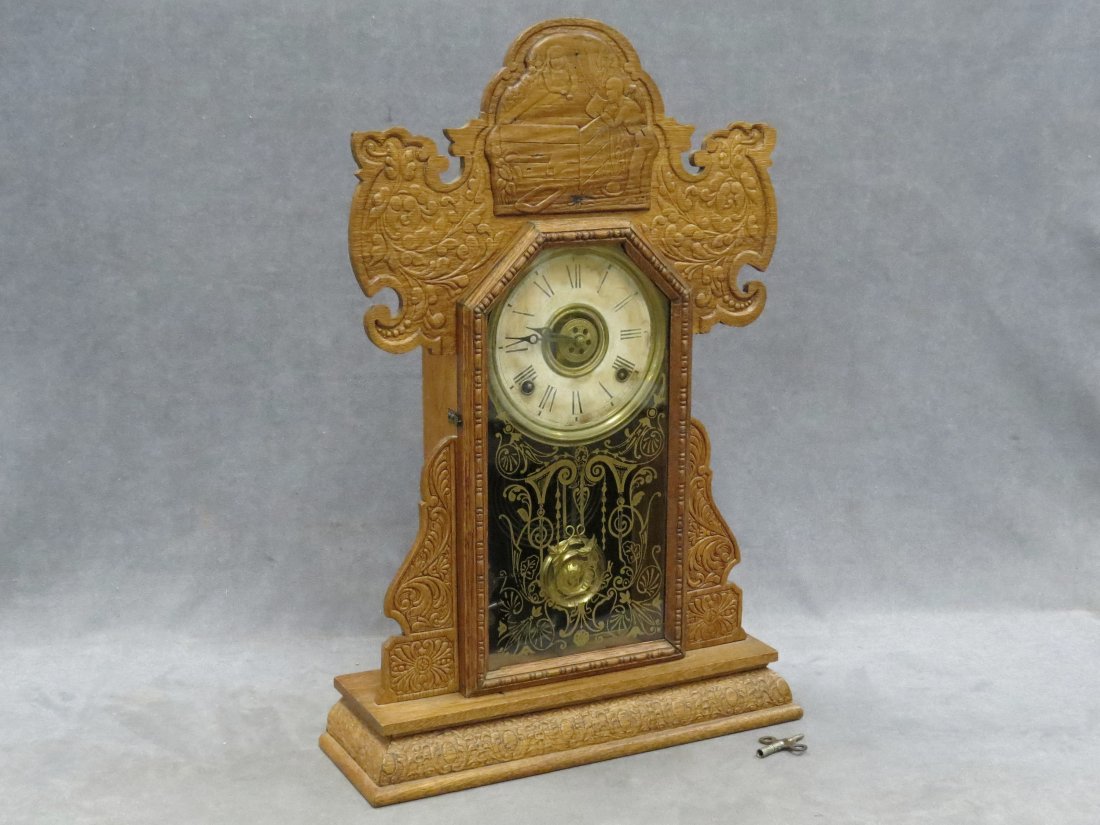 VINTAGE GILBERT OAK SHELF CLOCK WITH ALARM: VINTAGE GILBERT OAK SHELF CLOCK WITH ALARM. HEIGHT 22"