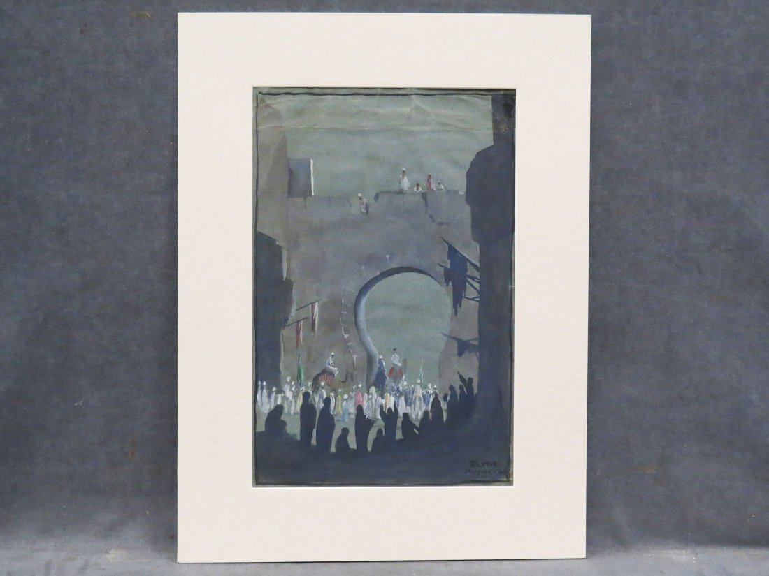 RUSSIAN SCHOOL, AFTER PAVEL KUZNETSOV: RUSSIAN SCHOOL, AFTER PAVEL KUZNETSOV (RUSSIAN 1878-1968), GOUACHE ON GRAY PAPER, MIDDLE EASTERN STREET SCENE, SIGNED (CYRILLIC) AND INSCRIBED VERSO. SHEET 18 1/2 X 12 1/2"