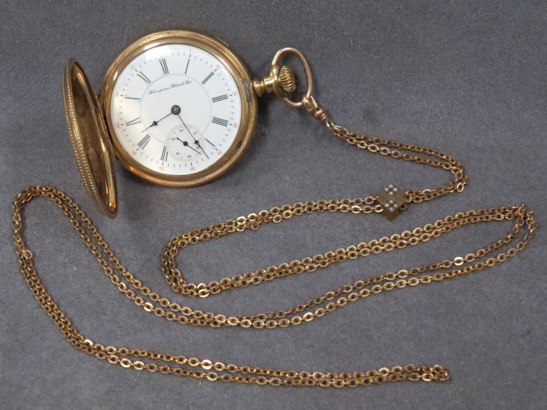 VINTAGE HAMPDEN WATCH CO., POCKET WATCH: VINTAGE HAMPDEN WATCH CO., GOLD FILLED HUNTER CASE POCKET WATCH WITH 21-JEWEL WM MCKINLEY MOVEMENT. DIAMETER 52MM WITH GOLD FILLED SEED PEARL SLIDE CHAIN, LENGTH 26 1/2"