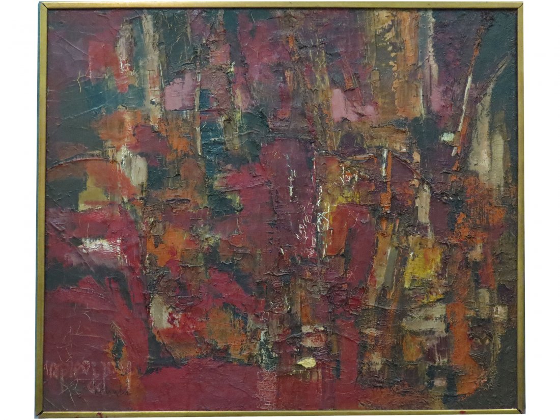 GINO F. HOLLANDER (SPANISH/AMERICAN 1924), OIL: GINO F. HOLLANDER (SPANISH/AMERICAN 1924), OIL ON CANVAS, "RED FIRE", SIGNED AND TITLED. FRAMED 35 X 41" PROVENANCE: CHRISTIE'S NY, LABEL VERSO