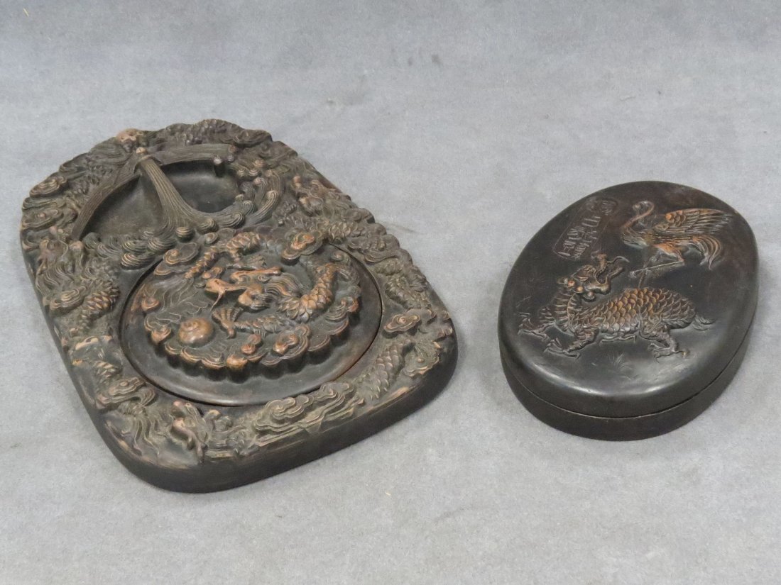 LOT (2) CHINESE CERAMIC INK STONES/BOXES: LOT (2) CHINESE CERAMIC INK STONES/BOXES. LENGTH 9-6"