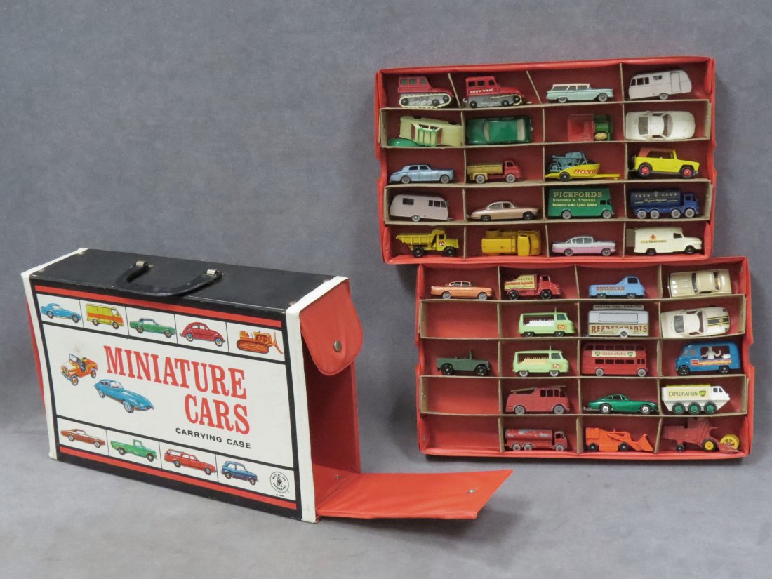 LOT (37) MINIATURE CARS AND TRUCKS INCLUDING LESNE: LOT (37) MINIATURE CARS AND TRUCKS INCLUDING LESNEY AND LESNEY MATCH BOX SERIES WITH CARRY CASE