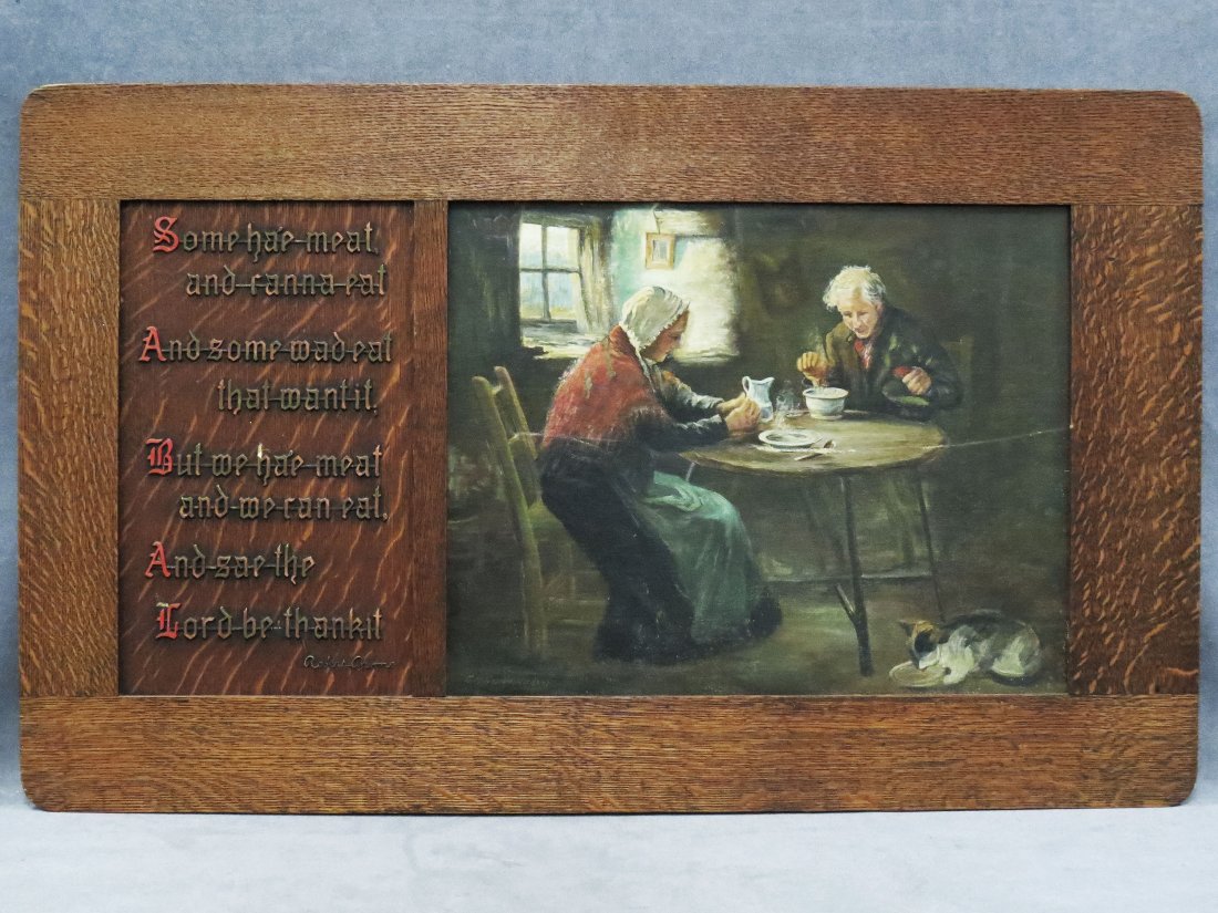 ARTS AND CRAFTS OAK FRAMED OIL ON CANVAS: ARTS AND CRAFTS OAK FRAMED OIL ON CANVAS, THE SELKIRK PRAYER AND POEM BY ROBERT BURNS. 22 X 36ö