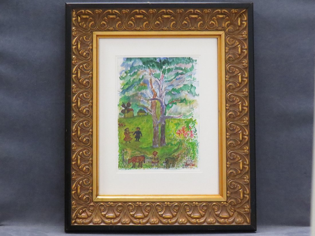 DAVID DAVIDOVICH BURLIUK, WATERCOLOR: DAVID DAVIDOVICH BURLIUK (RUSSIAN/AMERICAN 1882-1967), WATERCOLOR AND GOUACHE, LANDSCAPE WITH FIGURES, SIGNED. SIGHT 14 X 10 1/2"; FRAMED AND GLAZED-21 X 17"