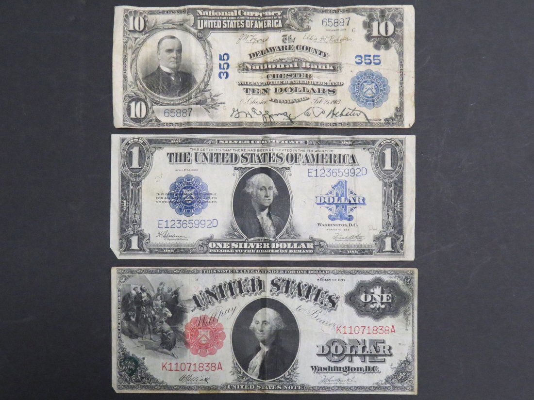 LOT (3) US CURRENCY INCL 1902 $10; 1917 $1; 1923 $1: LOT (3) INCLUDING 10 DOLLAR NATIONAL BANK NOTE, THIRD ISSUE SERIES 1902 #624; 1 DOLLAR LEGAL TENDER NOTE, SERIES 1917 #37; 1 DOLLAR SILVER CERTIFICATE, SERIES 1923 #237