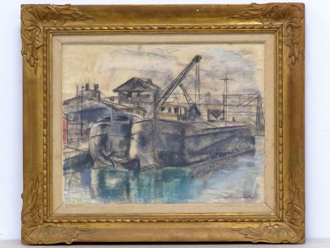 WILLY EISENSCHITZ (FRANCE/AUSTRIA 1889-1974): WILLY EISENSCHITZ (FRANCE/AUSTRIA 1889-1974), CHARCOAL AND PASTEL ON PAPER, COAL BARGES, SIGNED. 17 1/2 X 21 1/2"; FRAMED AND GLAZED-25 X 29 1/2"