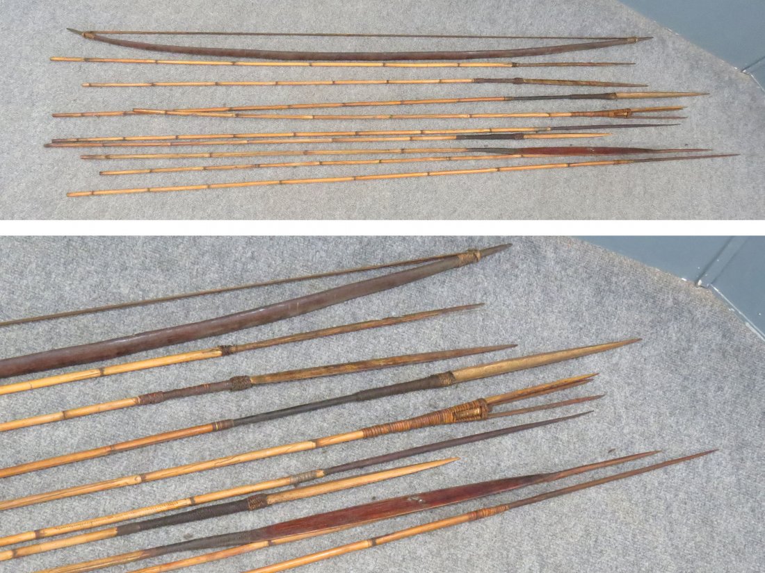 KAYU TANGI (INDONESIA) BOW WITH (9) ARROWS: KAYU TANGI (INDONESIA) BOW WITH (9) ASSORTED ARROWS