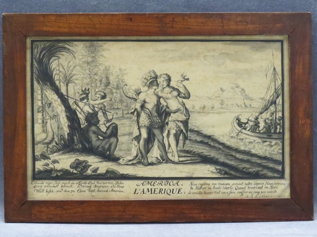 CONTINENTAL SCHOOL (19TH CENTURY), INK AND WASH: CONTINENTAL SCHOOL (19TH CENTURY), INK AND WASH ON PAPER, L'AMERIQUE, 1830. SHEET 20 X 15 1/2"; FRAMED AND GLAZED-12 X 17 1/2"