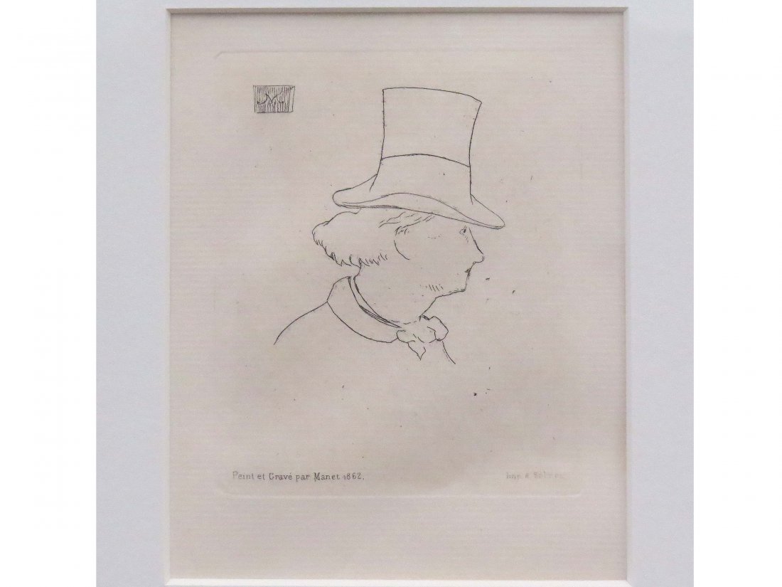 EDOUARD MANET (FRENCH 1832-1883), ETCHING: EDOUARD MANET (FRENCH 1832-1883), ETCHING, "CHARLES BAUDCLAIRE DE PROFIL EN CHAPEAU II" (POSTHUMOUS EDITION). SIGHT 5 3/8 X 4 1/4"; FRAMED AND GLAZED-11 1/2 X 10 1/4"