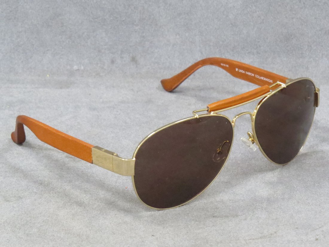 THE ROW 33, AVIATOR SUNGLASSES: THE ROW 33 (LINDA FARROW COLLABORATION), AVIATOR STYLE SUNGLASSES WITH GILT METAL AND BROWN LEATHER FRAME