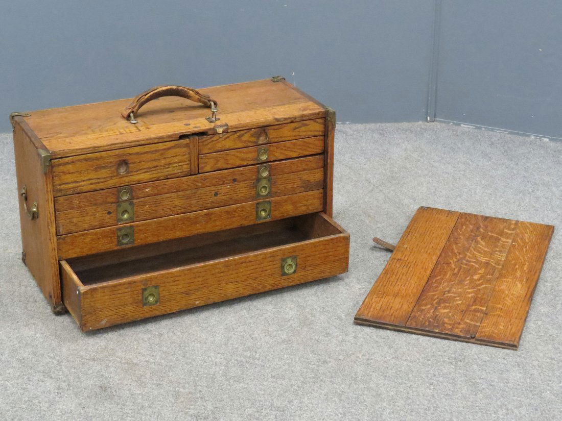 VINTAGE OAK MECHANIC'S TOOL BOX: VINTAGE OAK MECHANIC'S TOOL BOX. HEIGHT 11"; WIDTH 20"