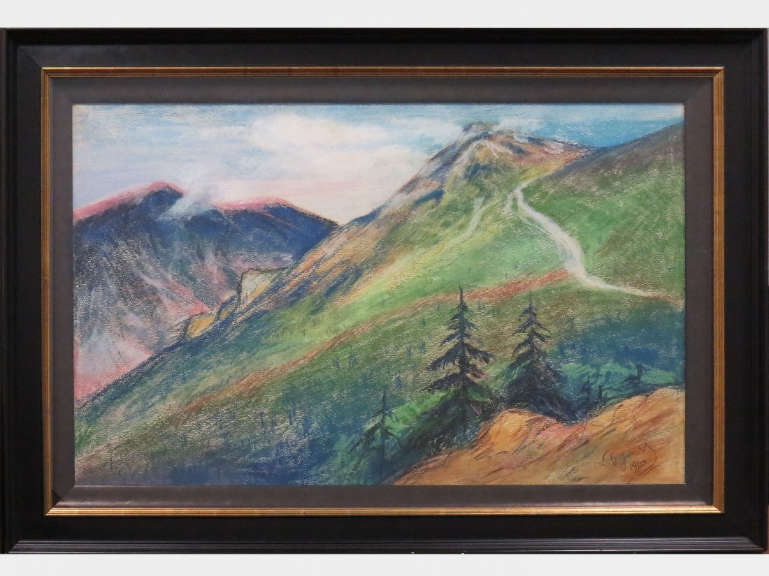 ATTRIBUTED TO LEON WYCOZOLKOWSKI, PASTEL: ATTRIBUTED TO LEON WYCOZOLKOWSKI (POLAND 1852-1936), PASTEL ON PAPER, VIEW IN THE TATRA MOUNTAINS, SIGNED 1910. SIGHT 25 X 39"; FRAMED AND GLAZED-35 X 49"