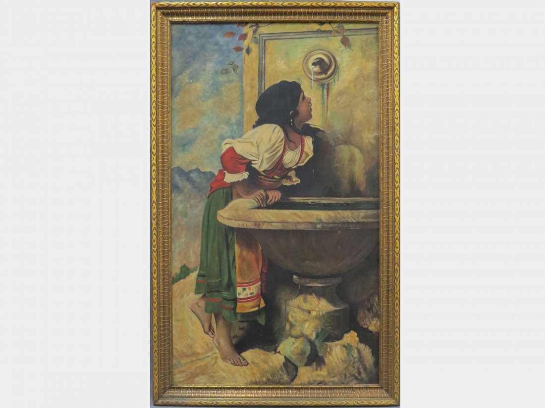 ITALIAN SCHOOL (19TH CENTURY), OIL ON CANVAS: ITALIAN SCHOOL (19TH CENTURY), OIL ON CANVAS, YOUNG GIRL AT THE FOUNTAIN, UNSIGNED. FRAMED 40 X 24"