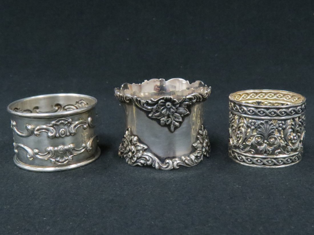 LOT (3) STERLING NAPKIN RINGS INCLUDING (2) GORHAM: LOT (3) STERLING NAPKIN RINGS INCLUDING (2) GORHAM. DIAMETER 1 1/2-2"; TWT 2.21 OZT