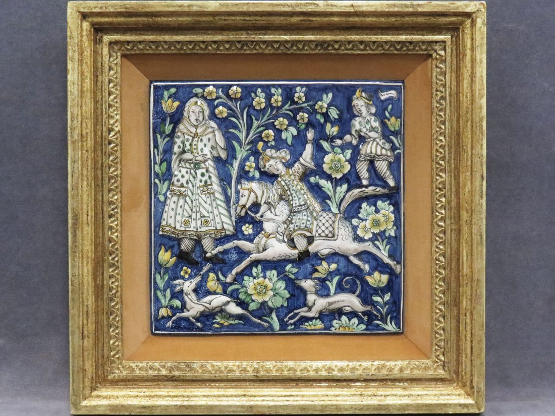 PERSIAN FAIENCE DECORATED TILE: PERSIAN FAIENCE DECORATED TILE. 11 X 11"; FRAMED 17 1/2 X 17 1/2"