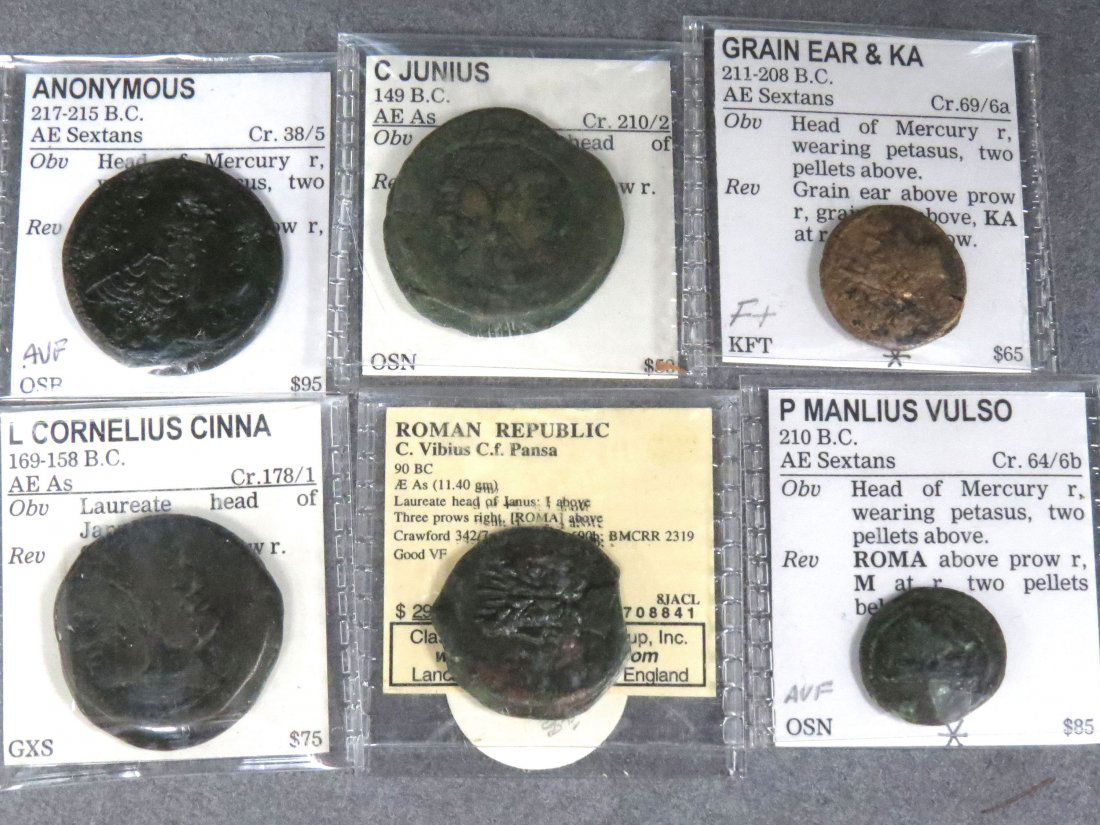 LOT (6) ASSORTED ROMAN REPUBLIC BRONZE COINS: LOT (6) ASSORTED ROMAN REPUBLIC BRONZE COINS INCLUDING P MANLIUS VULSO, L CORNELIUS CINNA, C. JUNIUS, C.217-90BC
