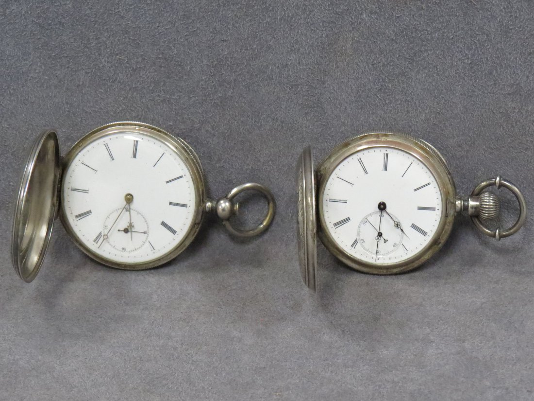 LOT (2) CONTINENTAL HUNTER CASE POCKET WATCHES: LOT (2) CONTINENTAL COIN SILVER HUNTER CASE POCKET WATCHES INCLUDING DROZ AND PERRET, 15-JEWEL, 49MM AND LOUIS JACOT, KEY-WIND, 52MM