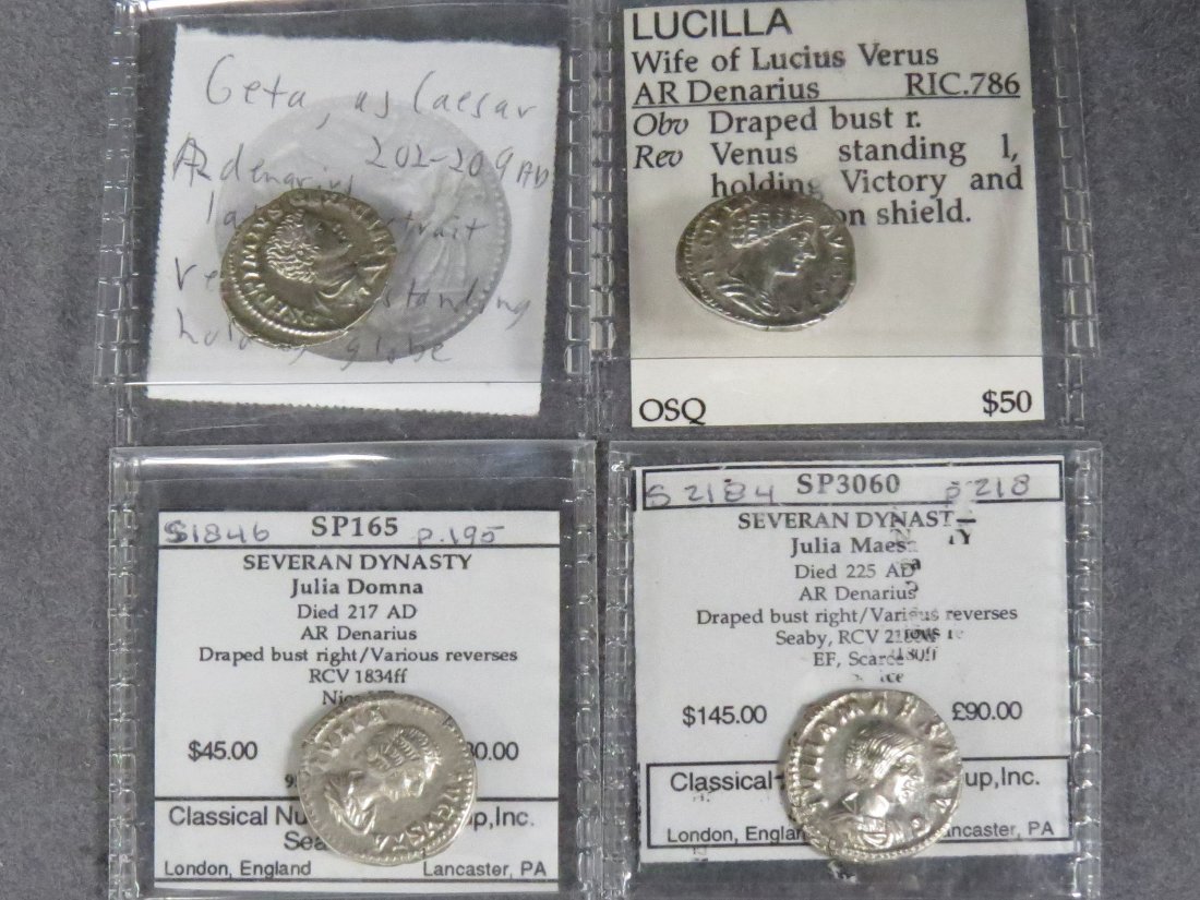 LOT (4) IMPERIAL ROMAN SILVER DENARIUS: LOT (4) IMPERIAL ROMAN SILVER DENARIUS INCLUDING LUCILLA, GETA, JULIA DOMNA, JULIA MAESA, C.164-225AD