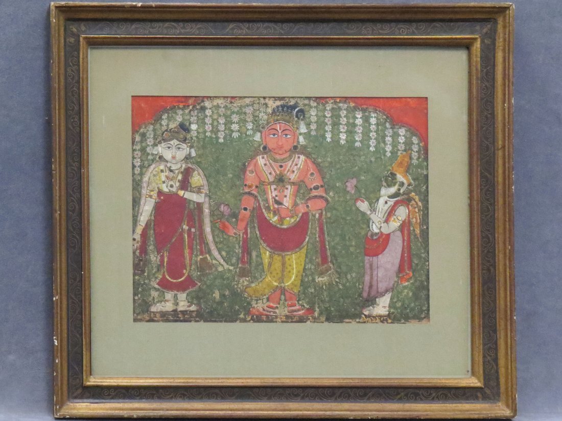 INDIAN MUGHAL MINIATURE, THREE DEITIES: INDIAN MUGHAL MINIATURE, THREE DEITIES, 19TH CENTURY. SIGHT 10 X 13 1/2"; FRAMED AND GLAZED-18 X 21"