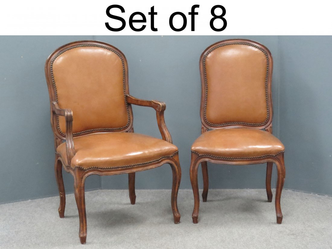 SET (8) FRENCH STYLE FRUITWOOD DINING CHAIRS: SET (8) FRENCH STYLE CARVED FRUITWOOD DINING CHAIRS