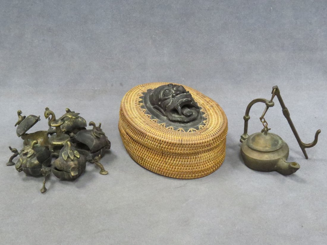 LOT (3) INCLUDING INDONESIAN COVERED BASKETRY BOX: LOT (3) INCLUDING INDONESIAN COVERED BASKETRY BOX, BRASS CENSOR, OIL LAMP