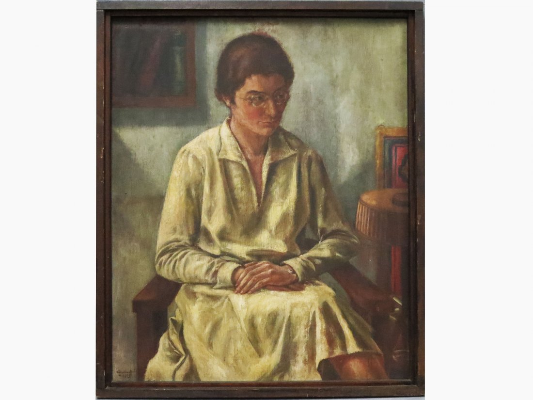 GERMAN SCHOOL (20TH CENTURY), OIL ON PANEL, SEATED: GERMAN SCHOOL (20TH CENTURY), OIL ON PANEL, SEATED WOMAN, SIGNED H. EISSFEDT 1928. 33 1/2 X 27"; FRAMED 35 1/2 X 29"