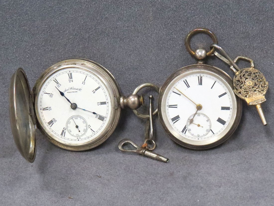 LOT (2) VINTAGE SILVER CASE KEY-WIND POCKET WATCH: LOT (2) VINTAGE SILVER CASE KEY-WIND POCKET WATCHES INCLUDING AMERICAN WATCH CO. COIN SILVER P.S. BARTLETT (54 MM); CONTINENTAL BIRMINGHAM STERLING OPEN FACE (49MM)