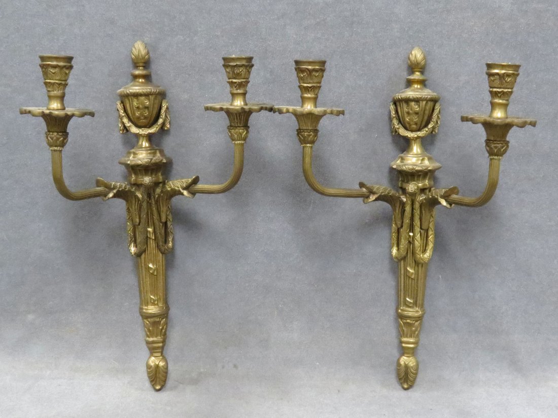PAIR FRENCH STYLE BRASS DOUBLE-ARM CANDLE SCONCES: PAIR FRENCH STYLE BRASS DOUBLE-ARM CANDLE SCONCES. HEIGHT 15"
