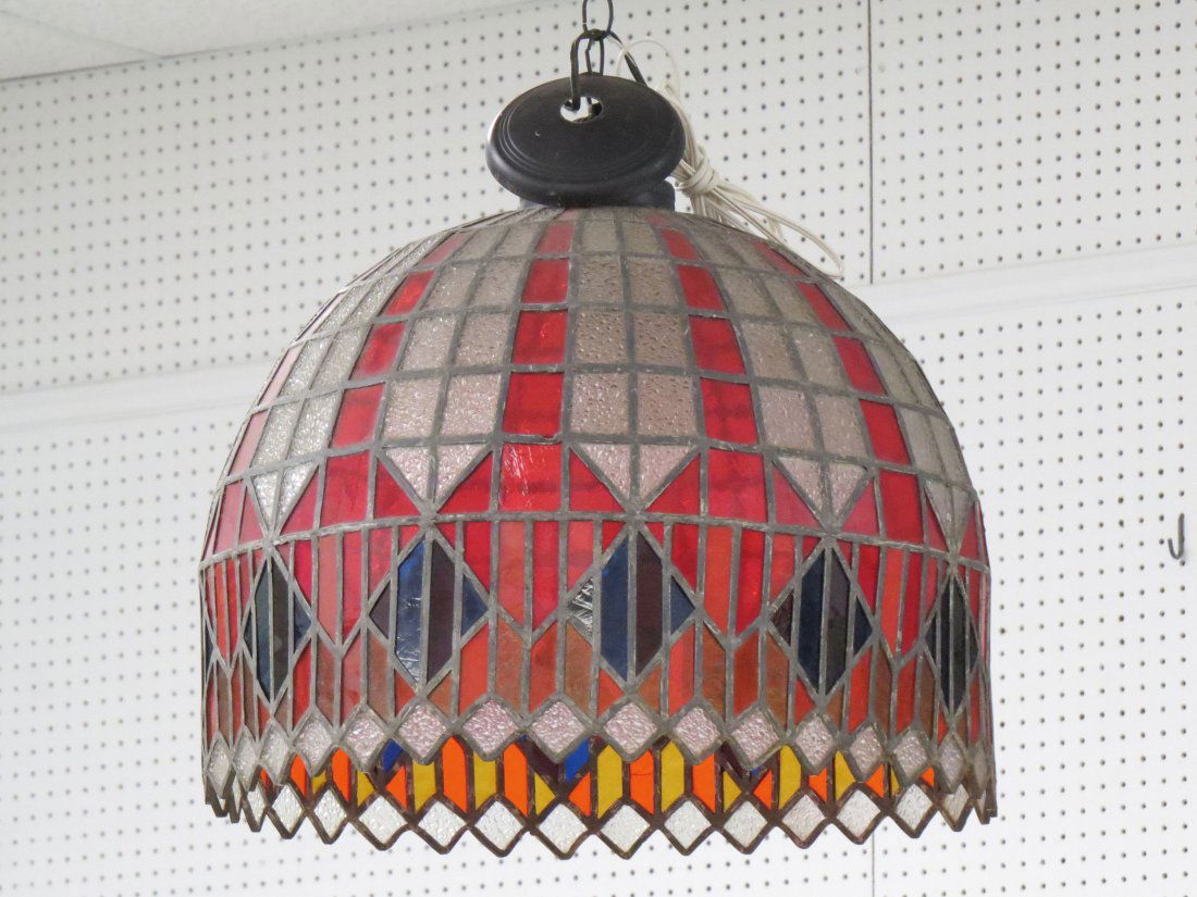 VINTAGE LEADED GLASS HANGING LIGHT, DESIGNED: VINTAGE LEADED GLASS HANGING LIGHT, DESIGNED BY LEANDRO VELASCO/RAMBUSCH GLASS CO. NYC. HEIGHT 18"; DIAMETER 20"